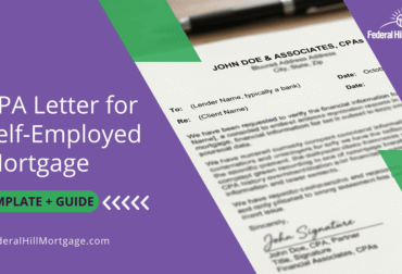 A professional CPA letter template for a self-employed mortgage sitting on a desk with a pen, provided by Federal Hill Mortgage.